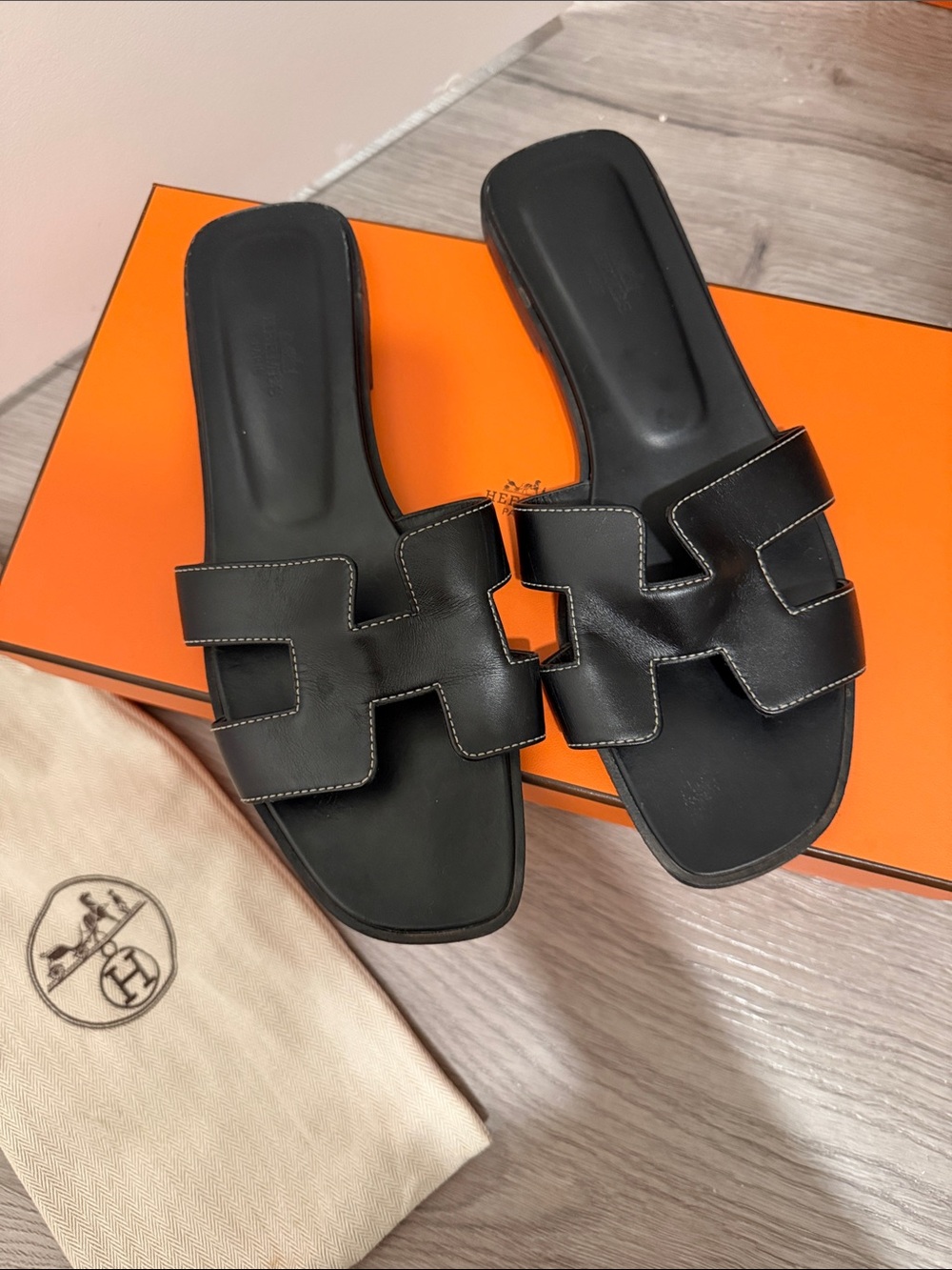 Hermes Black Oran Leather Sandals